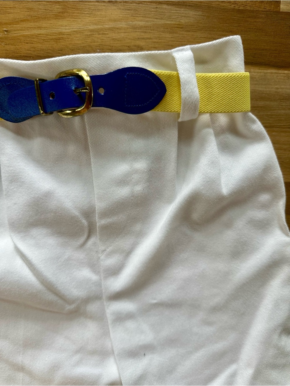 White High-Waist Pants with Yellow & Blue Belt - Picture 1 of 5